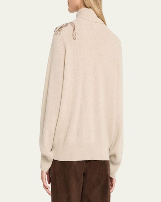 Brunello Cucinelli Natural Cashmere Turtleneck With Monili Flower Detail