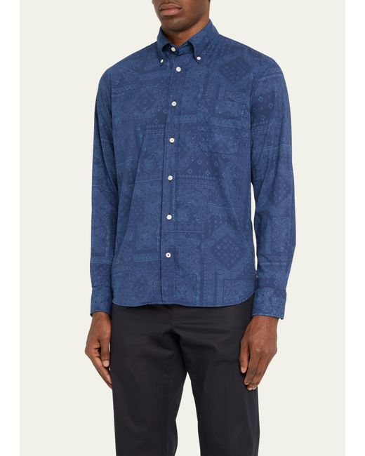 Hartford Blue Pitt Garment-dyed Bandana-print Cotton Shirt for men