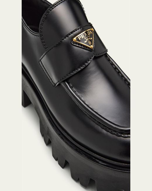 Prada Black Platform Leather Triangle Logo Loafers