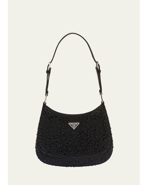 Prada Black Cleo Crystal Logo Hobo Bag