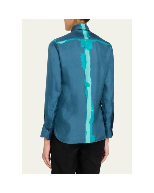 Kiton Blue Silk Bow-Neck Button-Down Shirt