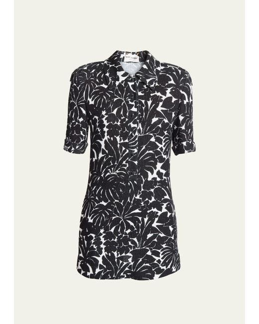 Saint Laurent Black Palm Print Collared Mini Dress