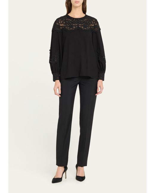 Carolina Herrera Black Embroidered Puff-sleeve Top With Lace Panels