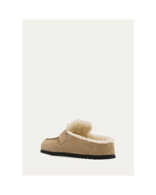 Prada Natural Shearling-Lined Suede Buckle Clogs