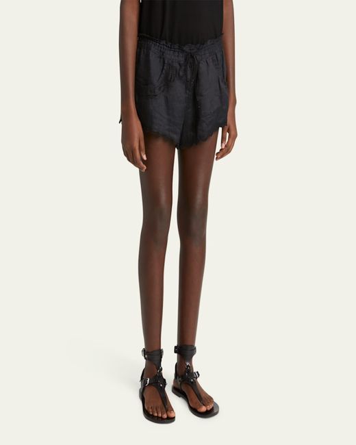 Isabel Marant Black Lola Ladder Stitch Scallop Drawstring Shorts