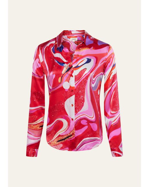 L'Agence Red Multi Tie-dye Swirl Tyler Button-front Silk Blouse