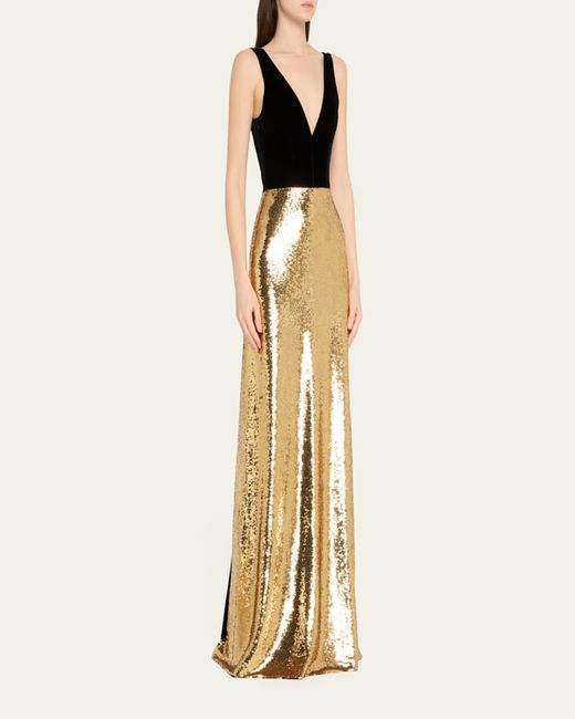 Monique Lhuillier Metallic Velvet Bodice Gown And Train With Sequined Skirt