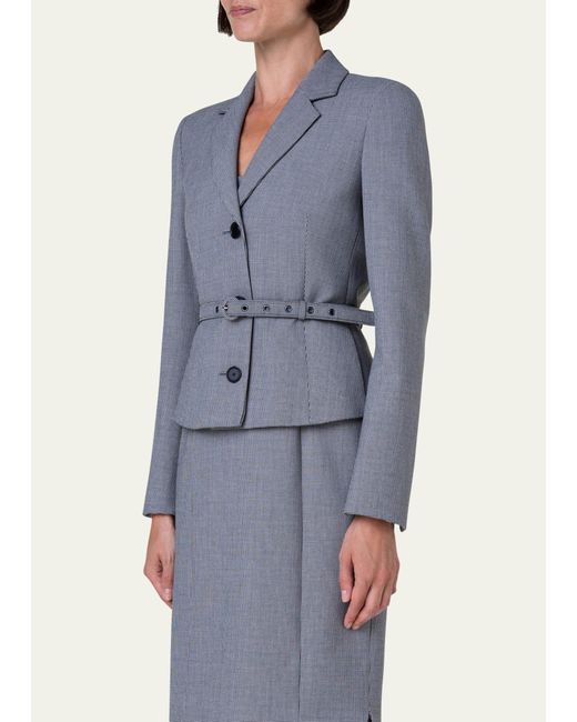 Akris Punto Blue Micro Houndstooth Pebble Crepe Belted Single-breasted Jacket