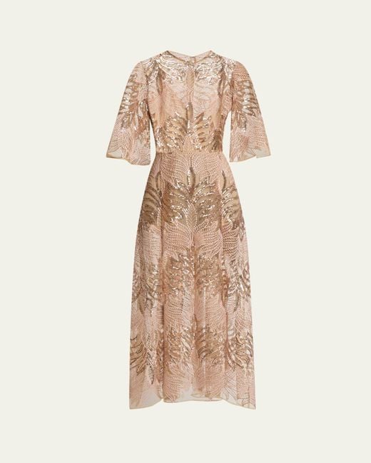 Elie Saab Natural Sequin Embroidered Tulle Midi Dress