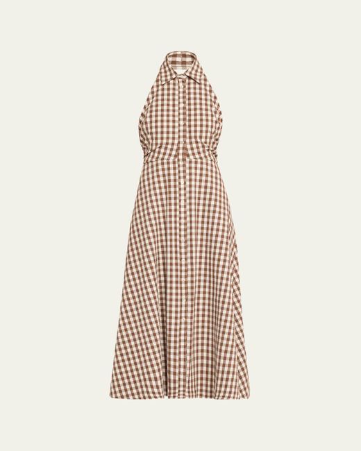 Veronica Beard Natural Mackey Button-Front Gingham Midi Dress