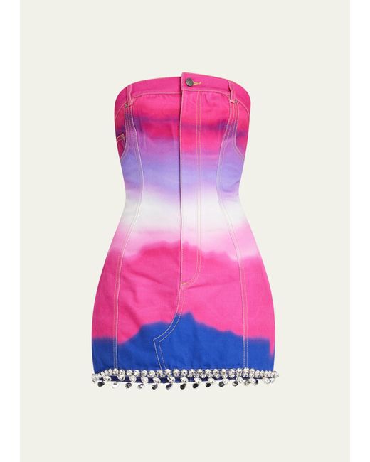 Area Pink Ombre Denim Strapless Mini Dress With Crystal Detail
