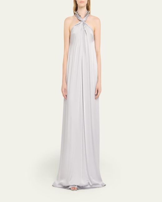 Stella McCartney White Ball-Collar Satin Halter Gown