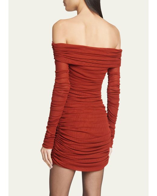 Saint Laurent Red Off-shoulder Ruched Mini Dress