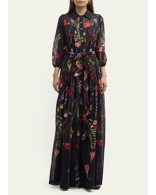 Teri Jon White Blouson-sleeve Floral-print Chiffon Shirt Gown