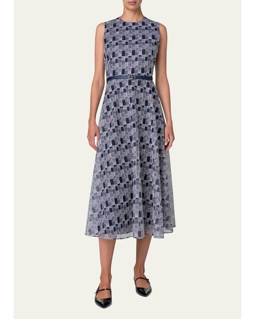 Akris Blue Abstract-print Tulle Belted Midi Dress