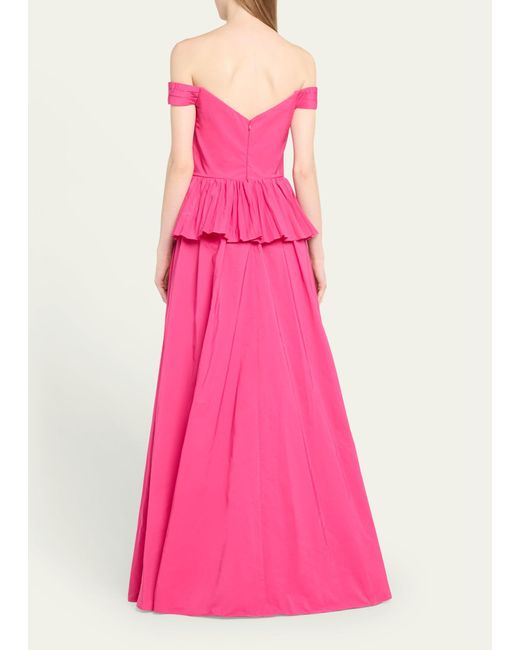 Marchesa Pink Off-shoulder Taffeta Peplum Gown
