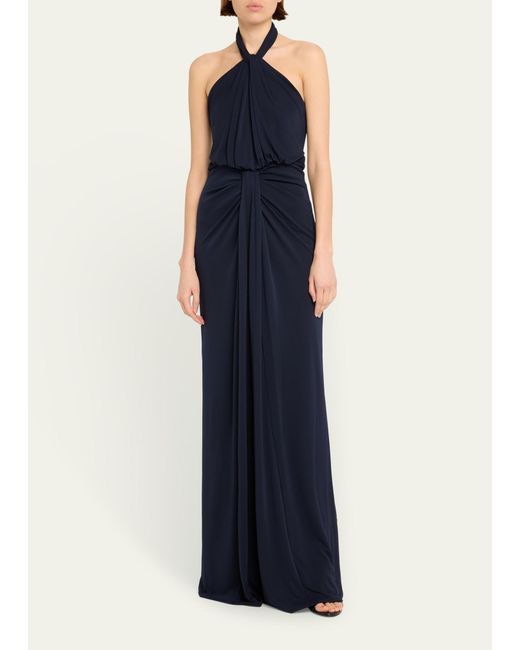 Cinq À Sept Blue Kaily Backless Draped Halter Gown