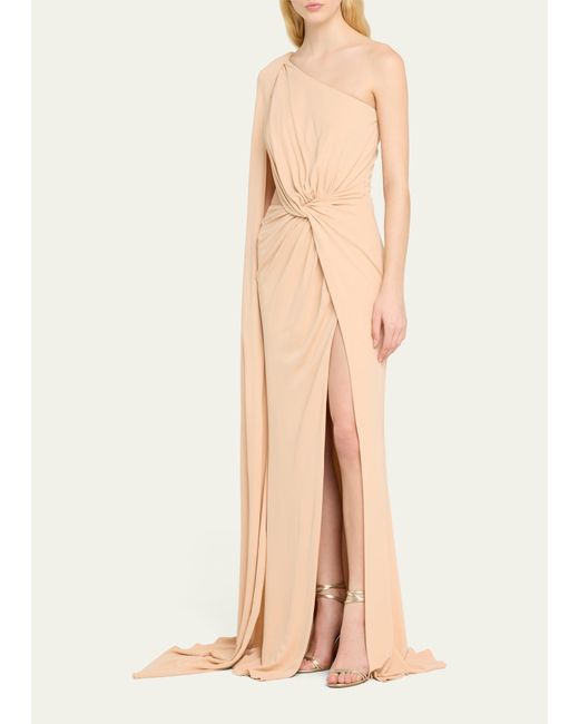 Elie Saab Natural One-shoulder Twist Front Cutout Jersey Dress