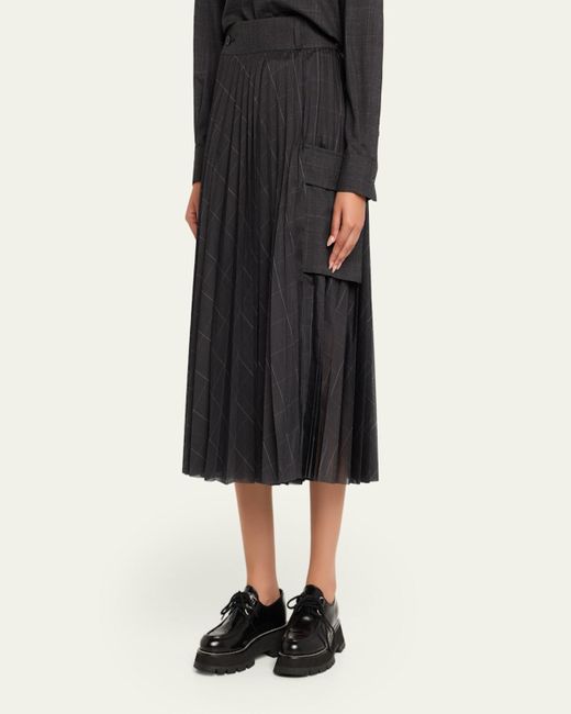 Sacai Black Glen Pleated Check-Print Midi Skirt