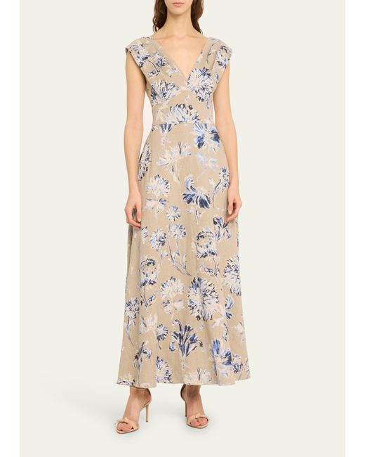 Lela Rose Natural V-neck Floral-print Sleeveless Empire-waist Maxi Dress