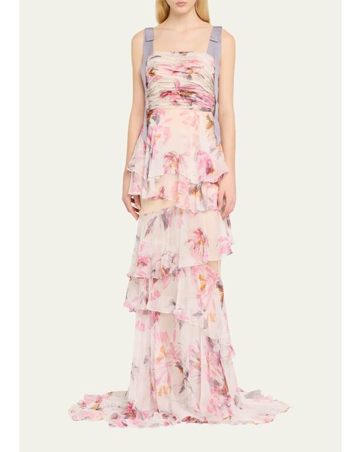 Bach Mai Pink Pintucked Floral Print Bustier Gown With Bow Details