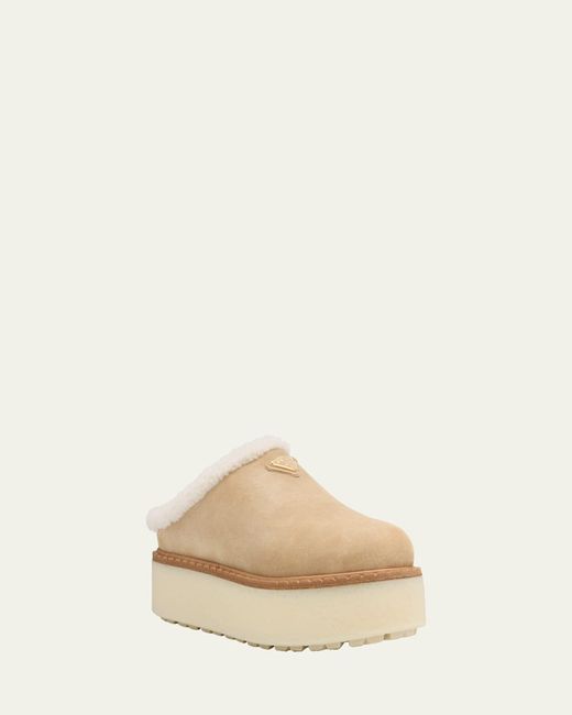 Prada Natural Suede Shearling Cozy Platform Mules