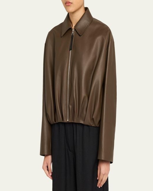 Loewe Brown Leather Draped Bomber Jacket
