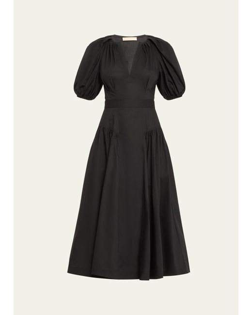 Ulla Johnson Black Carina Puff-sleeve Belted Midi Cotton Poplin Dress