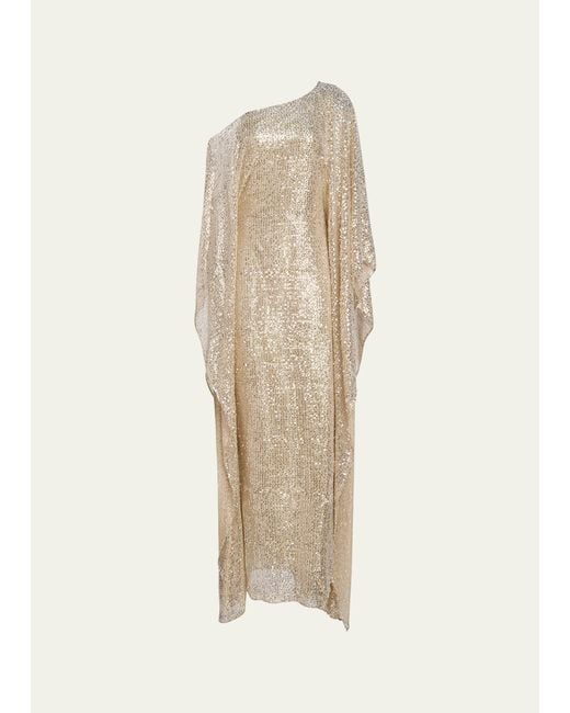 Halston Heritage Natural Dee Draped One-shoulder Sequin Gown
