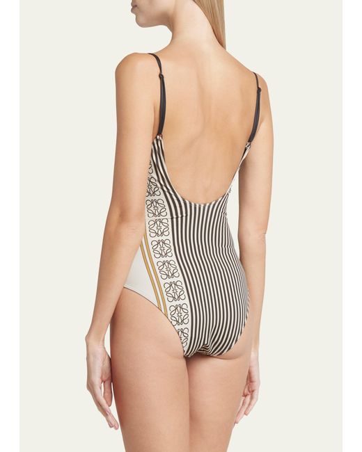 Loewe White Striped Anagram Backless One Piece Swimsuit