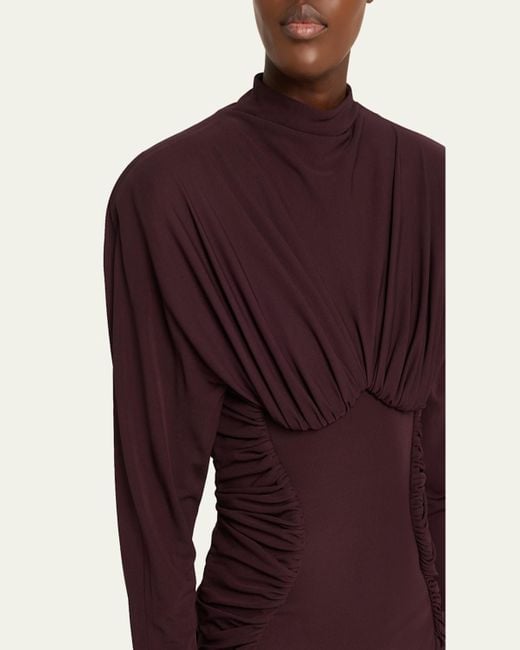Stella McCartney Purple Pleated High-Neck Long-Sleeve Mini Dress