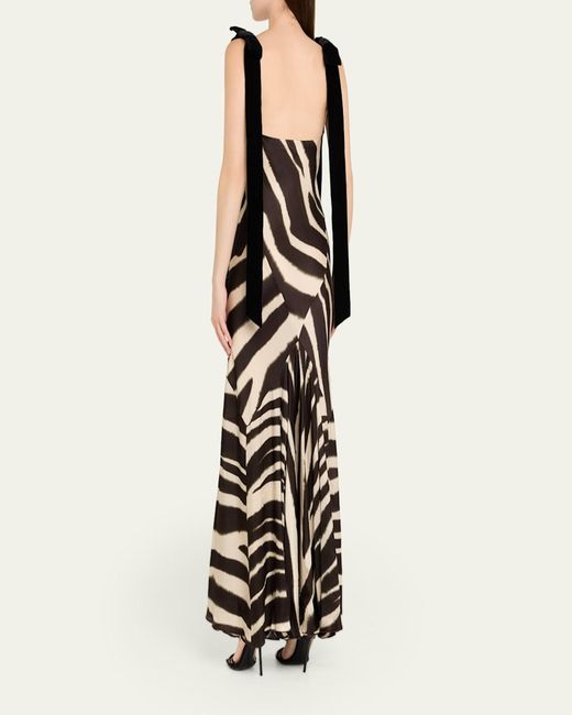 Nina Ricci White Zebra-Print Satin Bow-Shoulder Sleeveless Gown