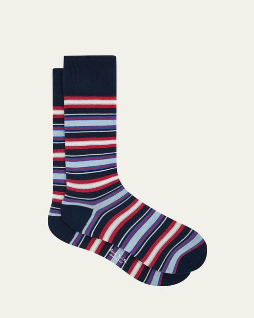 Paul Smith Blue Mixed Stripe Crew Socks for men