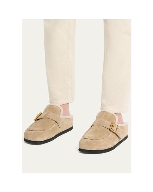 Prada Natural Shearling-Lined Suede Buckle Clogs