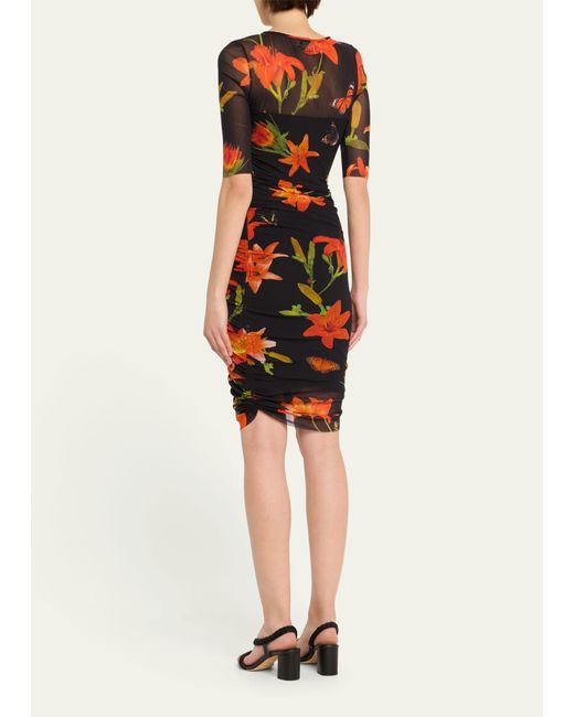Fuzzi Black Ruched Floral-print Tulle Illusion Midi Dress