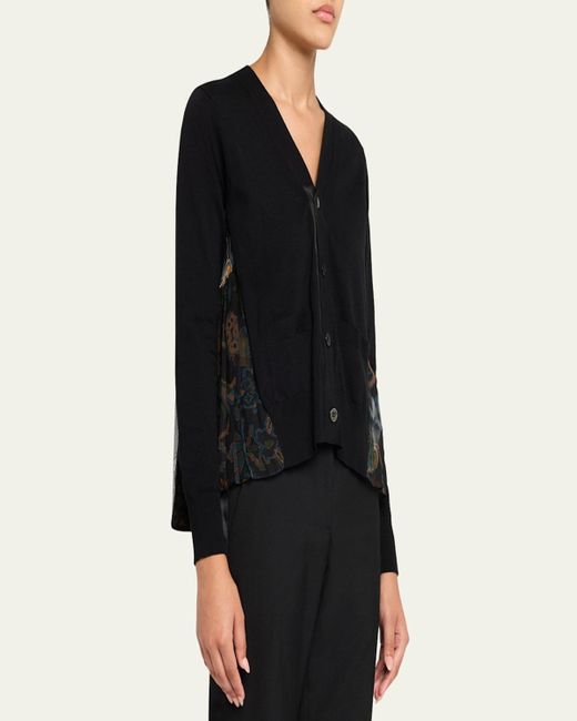 Sacai Black Hybrid Knit & Floral-Print Cardigan