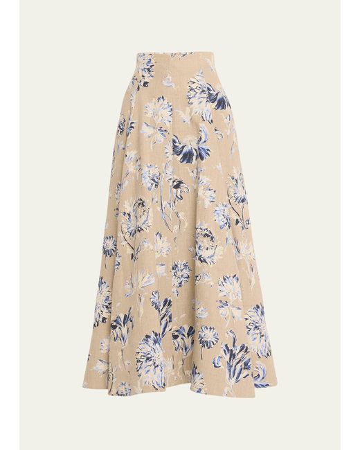 Lela Rose White Floral High Waist Full Linen Skirt