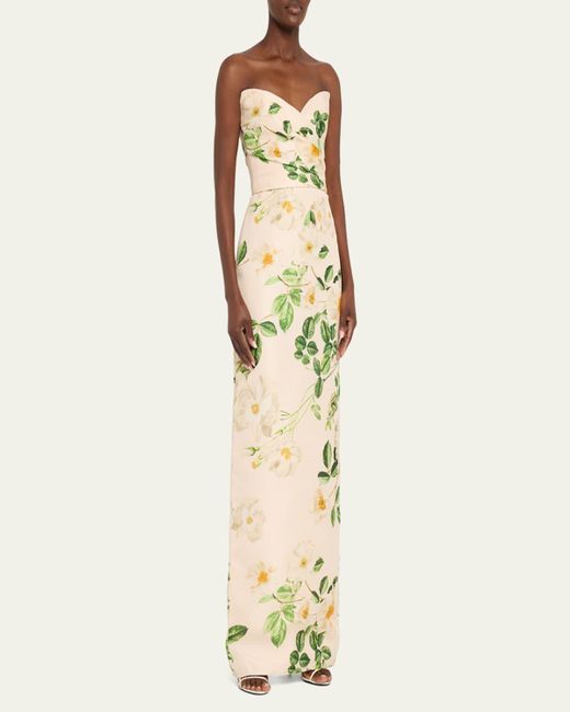 Monique Lhuillier Metallic Floral-Print Draped Strapless Gown