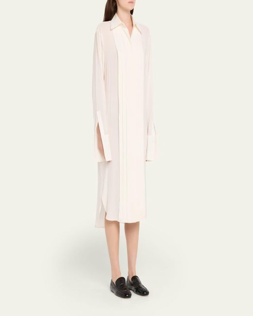 Michael Kors Natural Pleated Placket Silk Georgette Midi Shirtdress