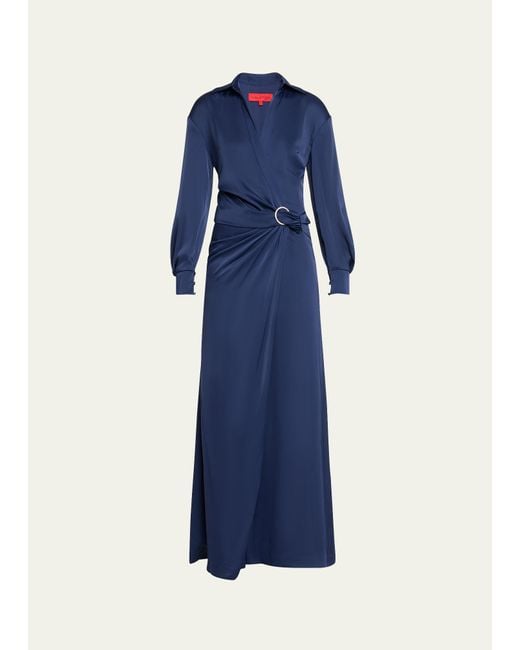 Halston Heritage Blue Ivon Faux-wrap Charmeuse Gown
