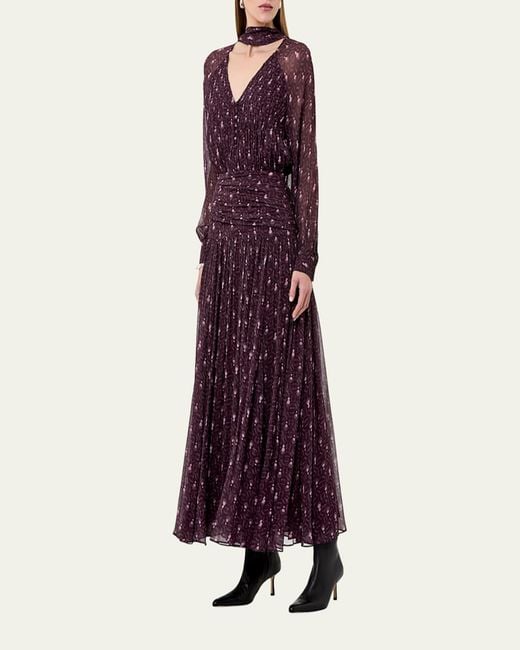 Nicholas Purple Draya Ruched Tie-Neck Viscose Maxi Dress