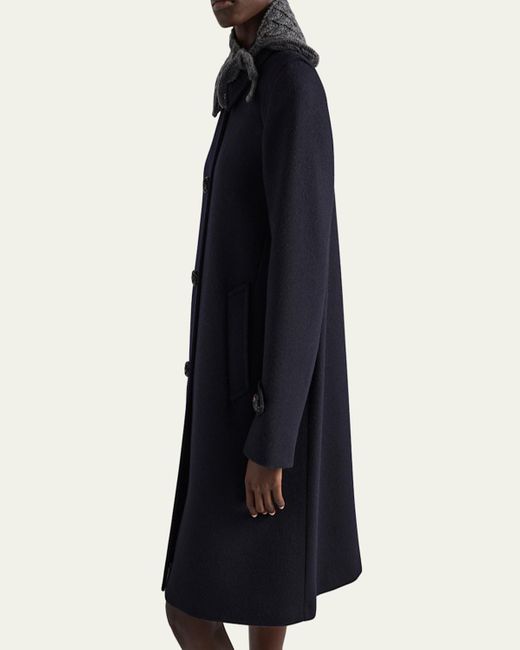 Prada Blue Loden Leather-Button Single-Breasted Wool Coat