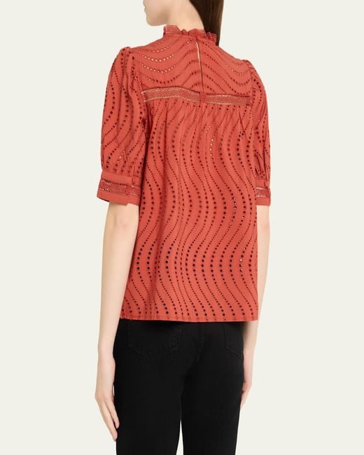 Ulla Johnson Red Virginia Lace Eyelet Short-Sleeve Blouse