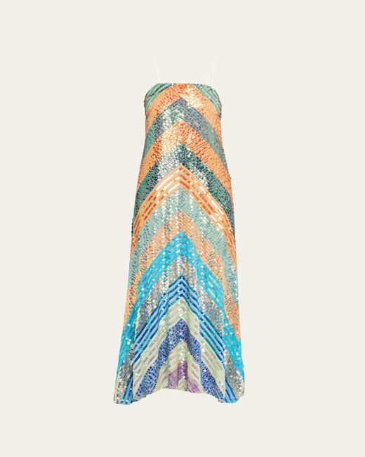 Christopher John Rogers Blue Chevron Sequined Bias Strapless Maxi Dress