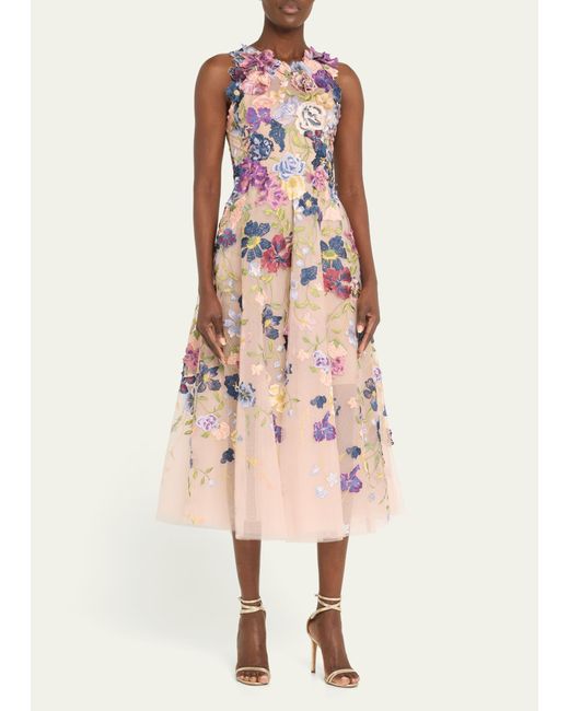 Marchesa Pink Multicolor Floral Embroidered Cocktail Dress With 3d Flower Accents