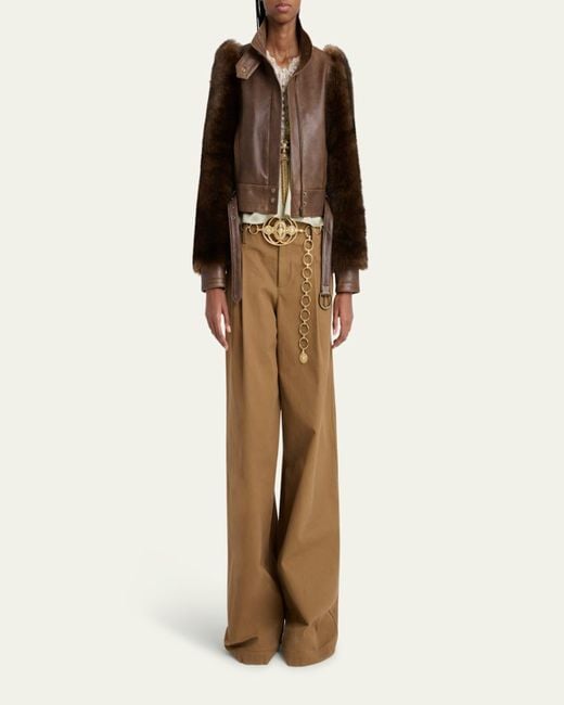 Chloé Brown Faux Fur Sleeves Leather Bomber Jacket