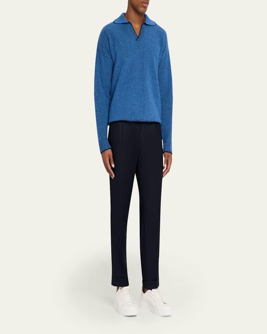 Kiton Blue Wool Stretch Pleated Drawstring Trousers for men