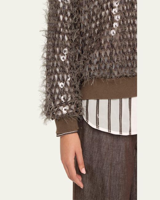 Brunello Cucinelli Brown Fringe Mosaic Yarn Net Embroidered V-Neck Sweater