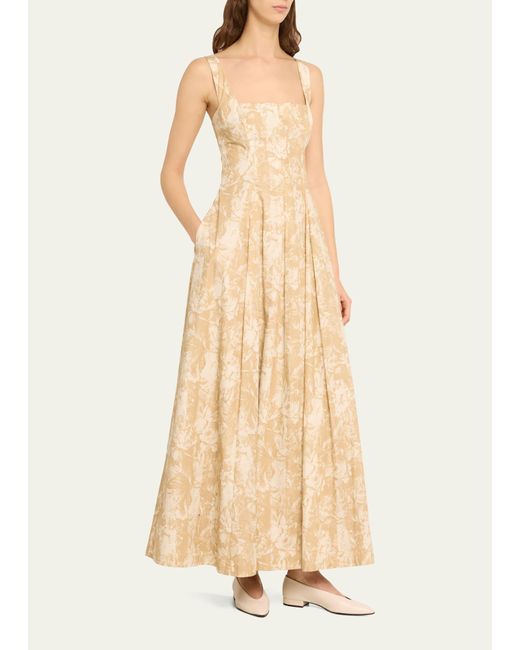 Lela Rose Natural Square-neck Striped Flower-print Sleeveless Maxi Dress