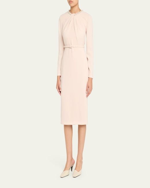 Roland Mouret Natural Beaded Twist Long-Sleeve Light Cady Midi Dress